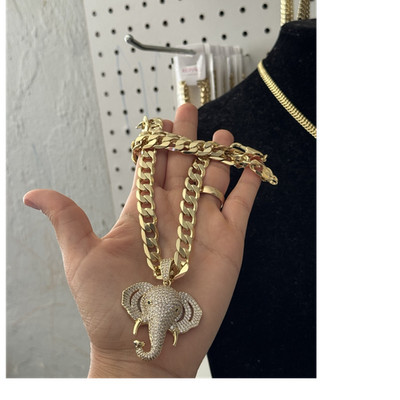 Xuping Gold Tone Cuban Link Chain Necklace Elephant Charm Pendant Pavé CZ