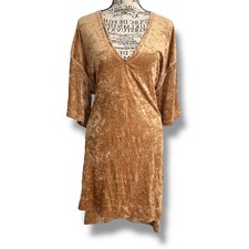 Free People Size XS / S Beige Crushed Velvet Short Sleeve Mini Dress Festival 