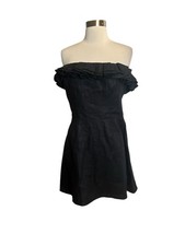 REFORMATION Reef Linen Dress 10 Black Ruffle Strapless Mini NEW