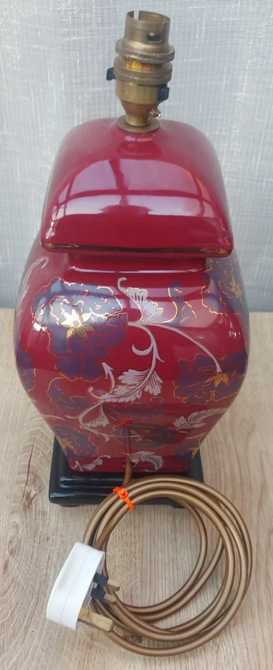 Vintage Table Lamp Large Ceramic Burgundy Red Floral Table Bedside Lamp Light - Image 4 of 4