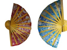 2x Handmade Malaysian Batik Folding Fan-Red  Blue Floral-Bamboo Golden Glitter