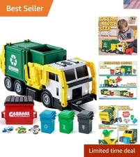 Large Friction Powered Garbage Truck Toy Set, Includes Dumpster, Trash Bins, ...
