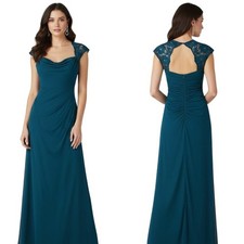 Xscape Joanna Chen Teal Gown Size 8 Evening Cap Sleeve Lace Detail Ruched Draped