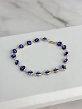 14k Solid Gold Blue Evil Eye Bracelet with Beads -Adjustable from 7" to 7.5" 6mm