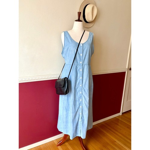 Vintage Talbots Cotton Chambray Button Up Maxi Dress Sz 16 Pleated Indie Cottage
