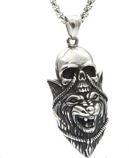 Men's Viking Tribal Wolf Head Skull Pendant Necklace Stainless Steel Box Chain