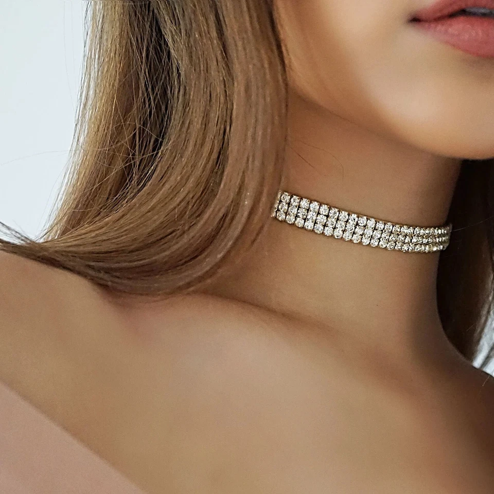 Girocollo Fascia 6mm 3File + Orecchini pl. oro 18k Donna con Cristalli Zirconi  - Immagine 2 di 3