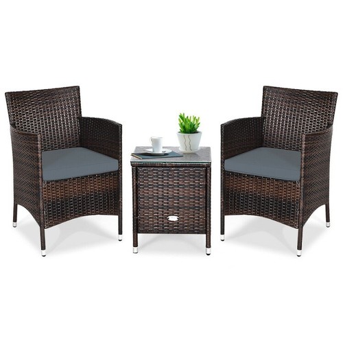 3 PCS Patio Wicker Conversation Set Chair & Coffee Table Rattan Garden