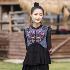 Vintage Lady Tank Top Waistcoat Vest Ruffle Frill Embroidered Floral Ethnic Chic