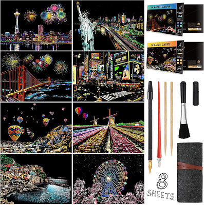 Scratch Painting Kits for Adults & Kids, Rainbow Painting Night View Scratchboar