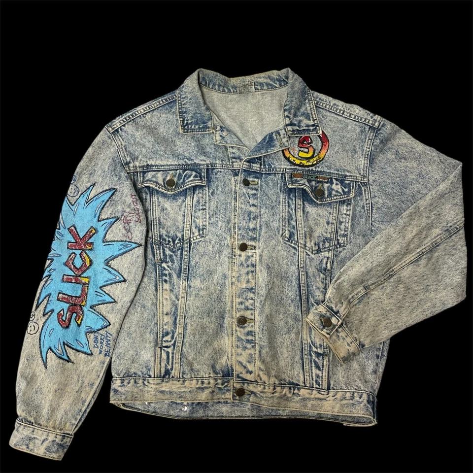 De Colección Años 80 90 Slick ACID WASH Azul Jean PUNK Rock SKATER STREETWEAR Chaqueta Denim Foto 4 de 4