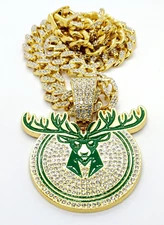 MILWAUKEE BUCKS GEM NECKLACE Gold Bling NBA Basketball Hip Hop Pendant 20" Chain