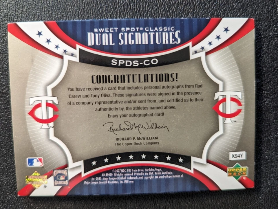 UD Sweet Spot Dual Signatures 2007 Tony Olivia Rod Carew/50 descolorido SPDS-CO Foto 2 de 4