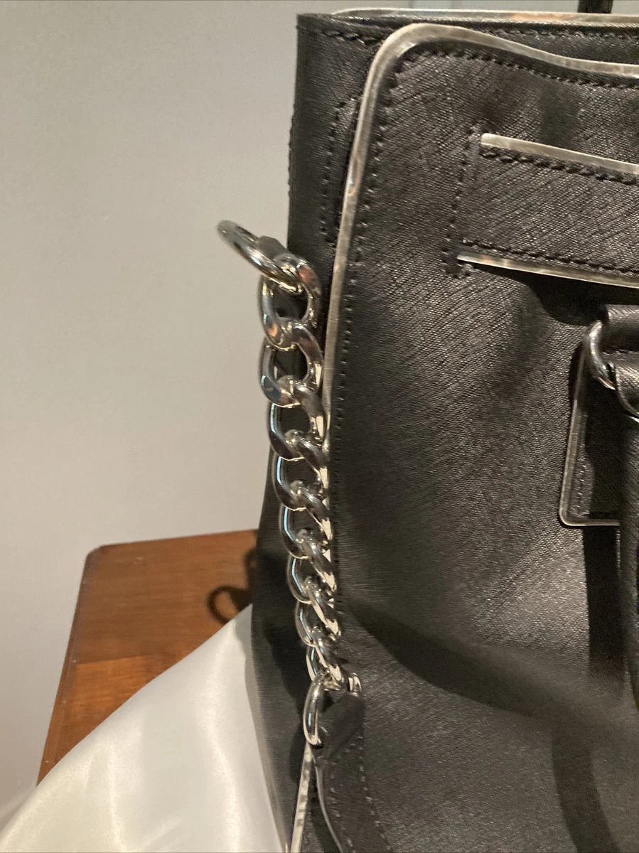 Michael Kors Leather Hamilton Saffinao Black Shoulder Bag Silver