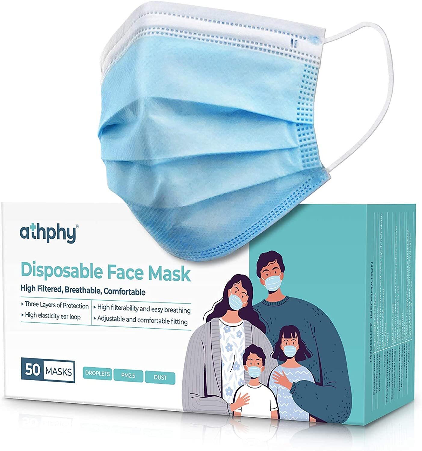 SereneLife SL3PLY50 Face Mask Disposable - 3-Layer Design  - 50PK