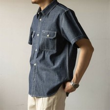 Summer Retro Men Short Sleeve Shirt Button-Down Denim T Shirt Workwear
