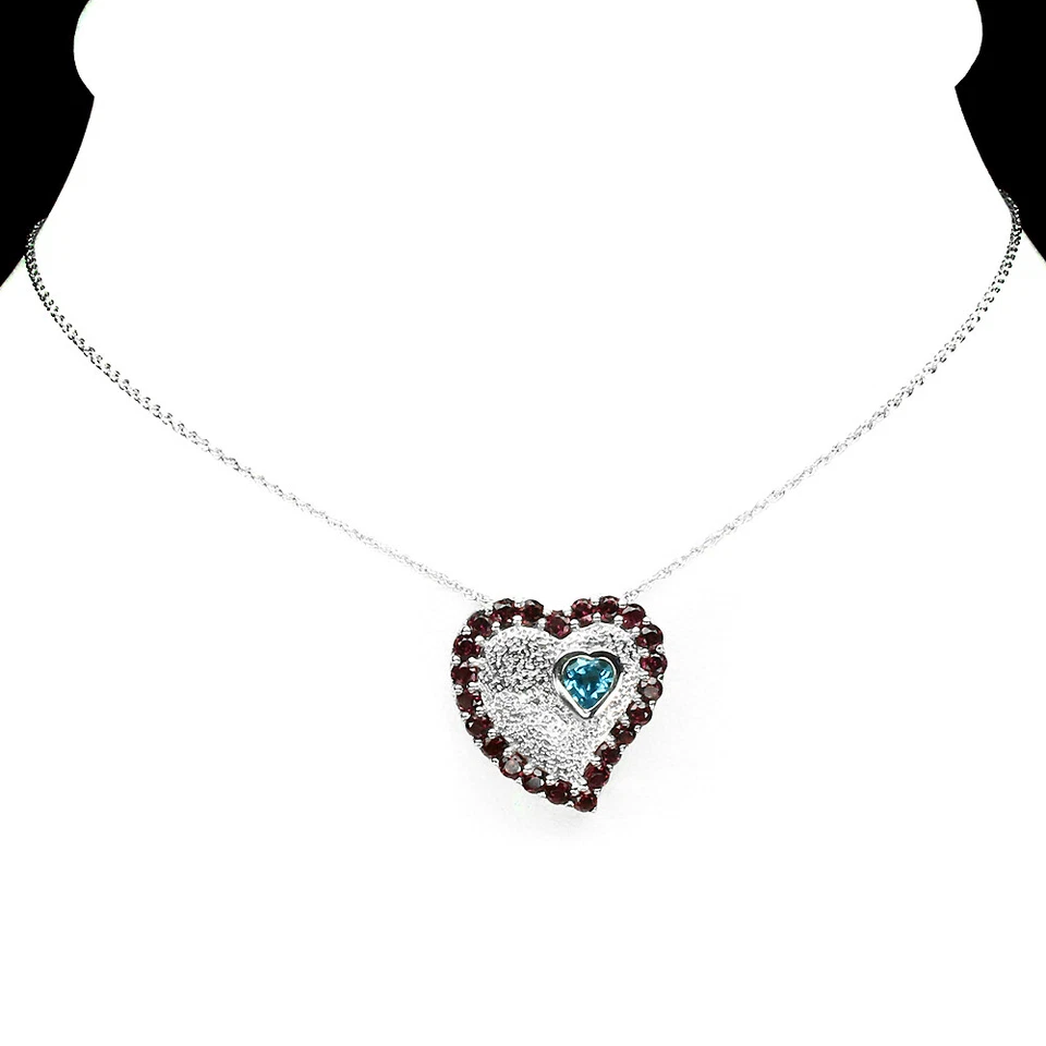 925 Sterling Silver Necklace Heart Swiss Blue Topaz Rhodolite Garnet  Gemstone - Image 2 of 4