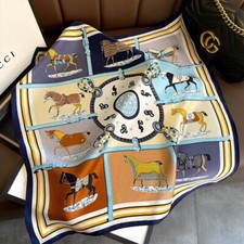 100 Mulberry Silk 20 Small Square Scarf Women Neckerchief Wrap Check Blue Horse