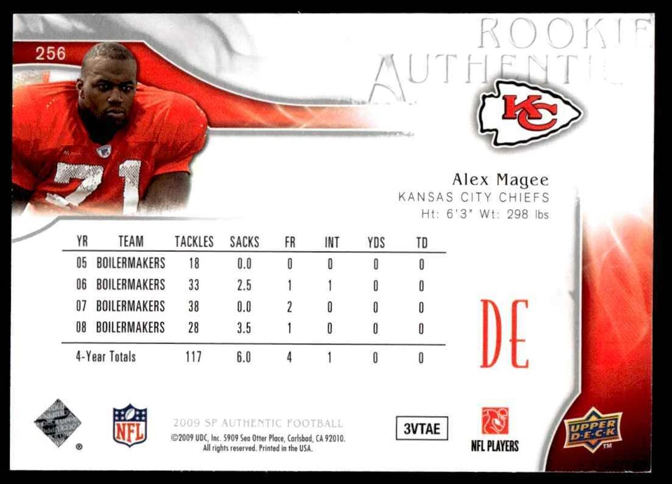 2009 SP Authentic Alex Magee Rookie 393/999 Kansas City Chiefs #256 R60 - Image 2 of 2