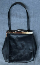 La Regale Ltd. Small Black Floral Embroidery Satin Evening Bag Kiss Lock 6" x 7"