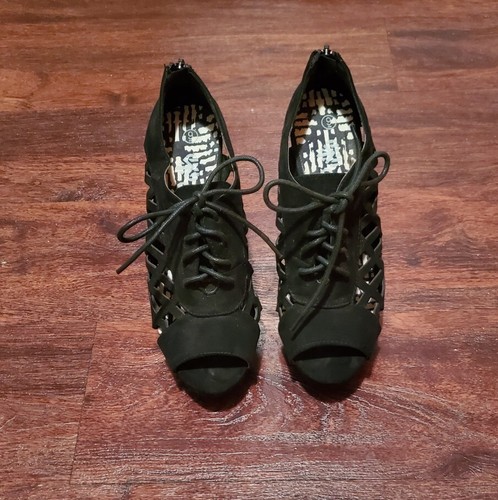 Vintage Peep Toe Platform Stilettos Heels Black Velvet Size 9 - Picture 5 of 8