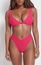 Bikini Set for Women Solid V Neck Knot Front Push Up High Leg Thong Two Piece M