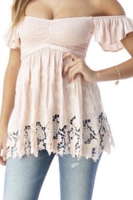 VENUS Light Pink Floral Embroidered lace hem, off the shoulder Flutter Sleeve S
