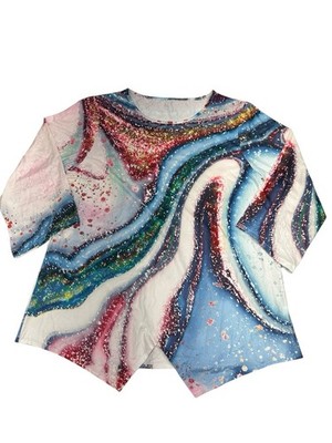 Womens Plus 1XL Abstract Marble Print Top Multicolor Blue Pink 3/4 Sleeve