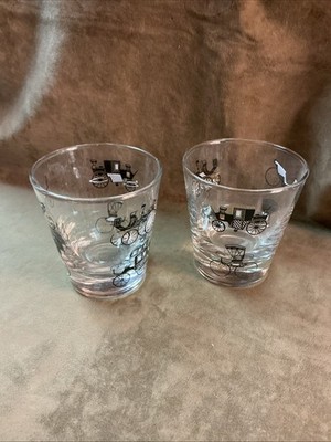 Vintage Libby Crystal Glass Antique Car Design Old-Fashioned Rocks Glass Pair