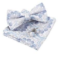 Mens Floral Pre Tied Bow Tie, Pocket Square and Cufflinks Set 012-silver blue