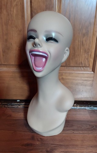 MCM Laughing Mannequin Realistic Female Wig Hat Display Head With Makeup 