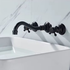 Antique Brass 2 Knobs Basin Faucet Wall Mounted 3 Holes Bath Basin Mixer Tap