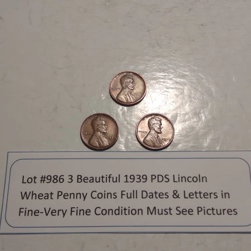 Lot #986 3 Beautiful Lincoln Wheats 1939-P 1939-D 1939-S VG-F-VF See Pictures