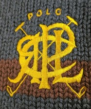 Vintage Polo Ralph Lauren Wool Sweater Gold Crest Men's Medium Navy Stripe Cuff
