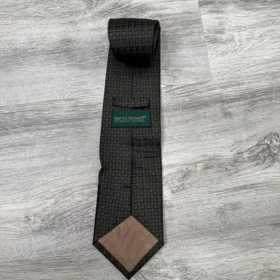 Corbata Harvé Benard Hombre Negra Verde Oliva Geométrica Tejida Carrera Formal Foto 2 de 3