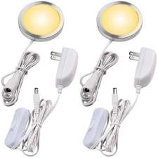 2 Packs Single LED Kitchen Under Cabinet Puck Light 120V Plug in Warm White