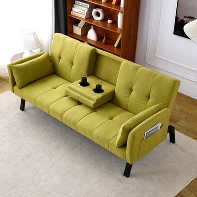 70'' Cotton Linen Sofa Bed, Foldable Sofa w/Cup Holder& Storage,Multi-Functional