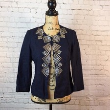 Chicos Navy Embellished Open Front Jacket 3/4 Sleeves Linen Blend Medium