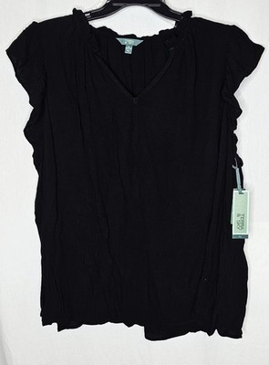 Terra & Sky Womens Plus Flutter Sleeve Blouse Top Black 3X 24W-26W
