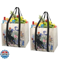 BeeGreen 2 Pack Cat Large Reusable Grocery Bags with Hard Bottom - Heavy Duty