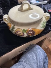 Vintage Los Angeles Pottery Ceramic Mushroom Carrot Casserole Covered Lid Dish