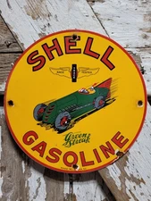 VINTAGE SHELL PORCELAIN SIGN OLD 1952 GREEN STREAK OLD RACE CAR OIL GAS STATION