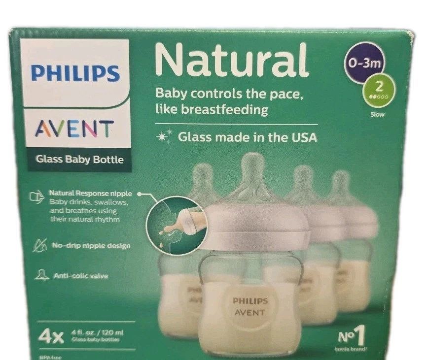 Philips Avent Natural Glass Baby Bottles+Natural Response Nipples 4oz 4Pk 0-3m