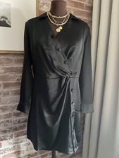New! Loft Petite Black Satin Shirt Dress Long Cuff Sleeve Silky Chic Classic 12P