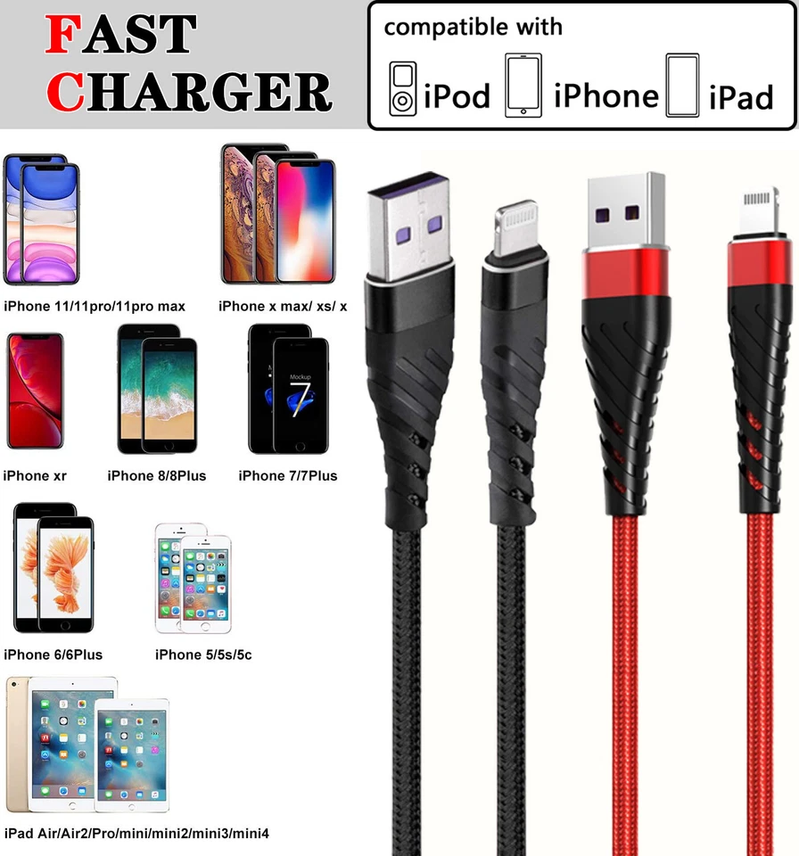 Braided Fast Charger Cable Heavy Duty USB lot Cord For iPhone 14 13 12 11 X XR 8 - Image 2 of 4