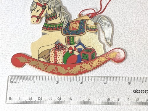 Wooden Rocking Horse Ornaments Christmas Hand Painted Seasonal Decor Set 2 - Picture 5 of 6