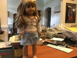American Girl Doll Blonde Hair Brown Eyes White Top Blue Dress Ebay