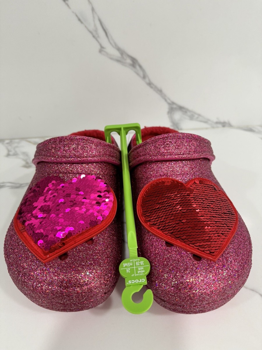 CROCS Classic Lined Pink Glitter Heart Clog Valentine