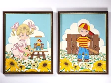 VTG 1980's Original Diptych Chalk Pastel on Felt Paper, Boy Girl Baseball Artist