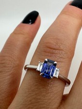 Platinum Trilogy Emerald Cut Blue Sapphire And Diamonds Ring 0.67Ct Gg72